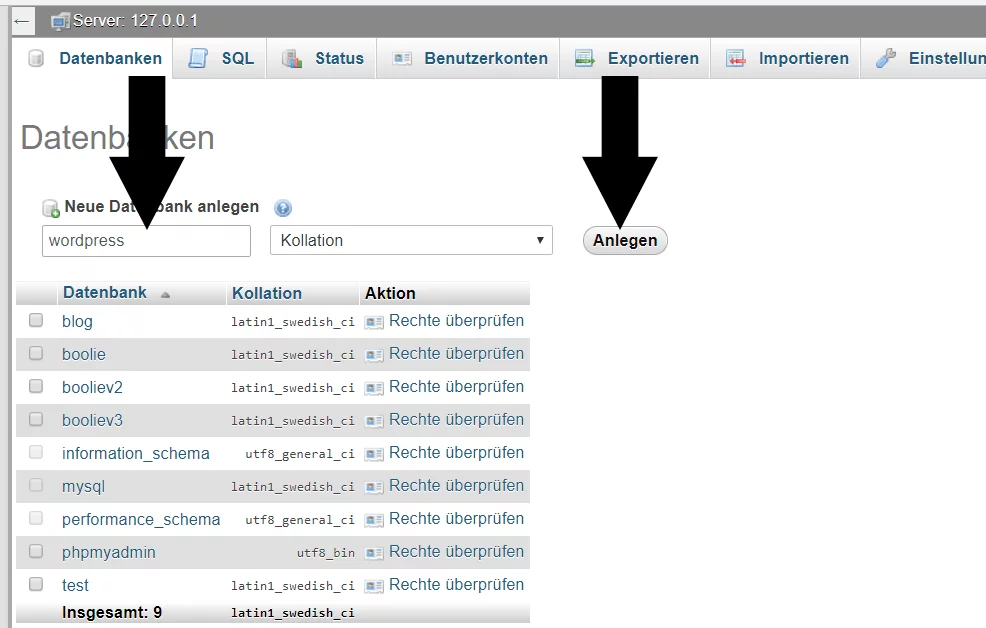 PHPMyAdmin Datenbank anlagen