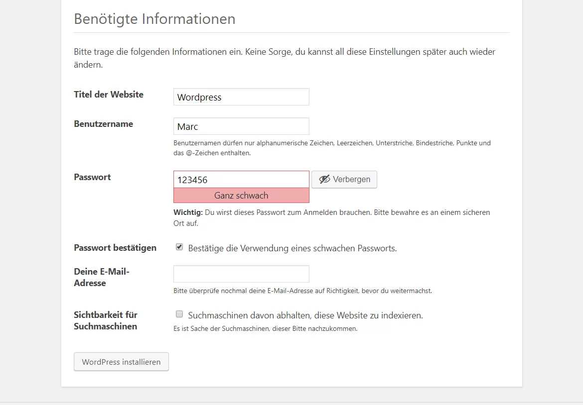 Wordpress Installation Settings