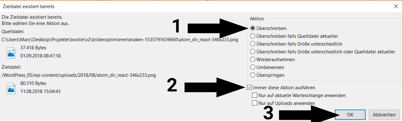 filezilla überschreibe alle Bilder