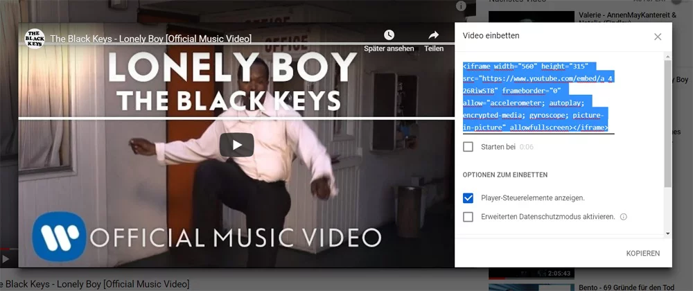 Youtube Iframe Code für die eigene Seite