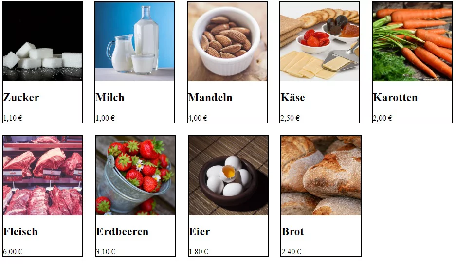 Produktübersicht mit css flexbox und leeren tiles