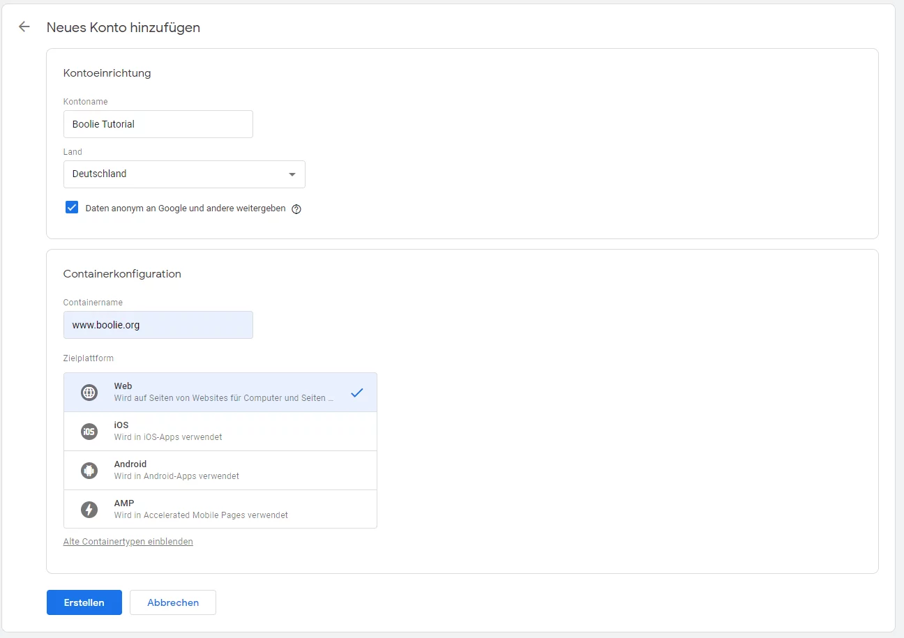Google Tag Manager Konto einrichten
