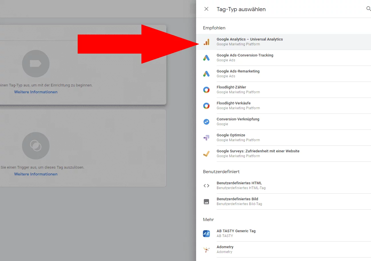 Google Analytics Tag auswählen