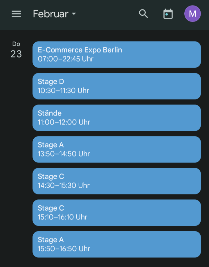 Screenshot von meinem Kalender für die Exommerce Berlin Expo