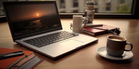 laptop mit kaffee und notizbuch auf einem Tisch